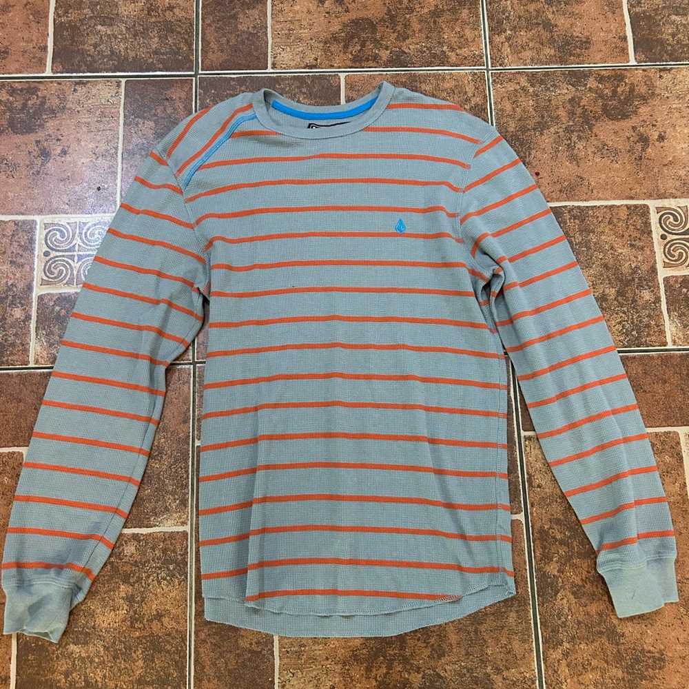 Volcom Gray and Orange Striped Long Sleeve Tee